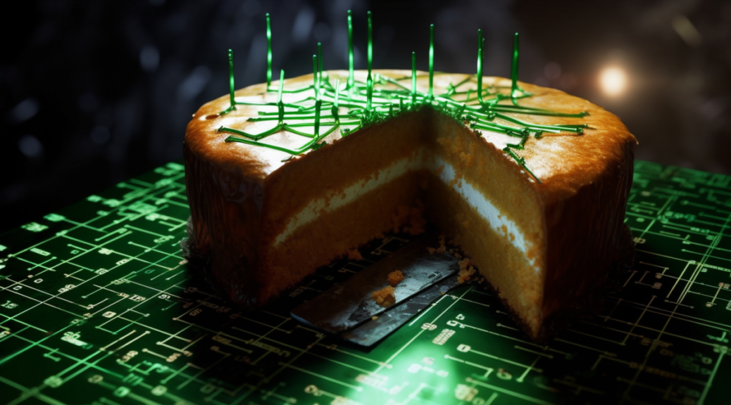 The Matrix background with a close-up shot of a cake that has been sliced open